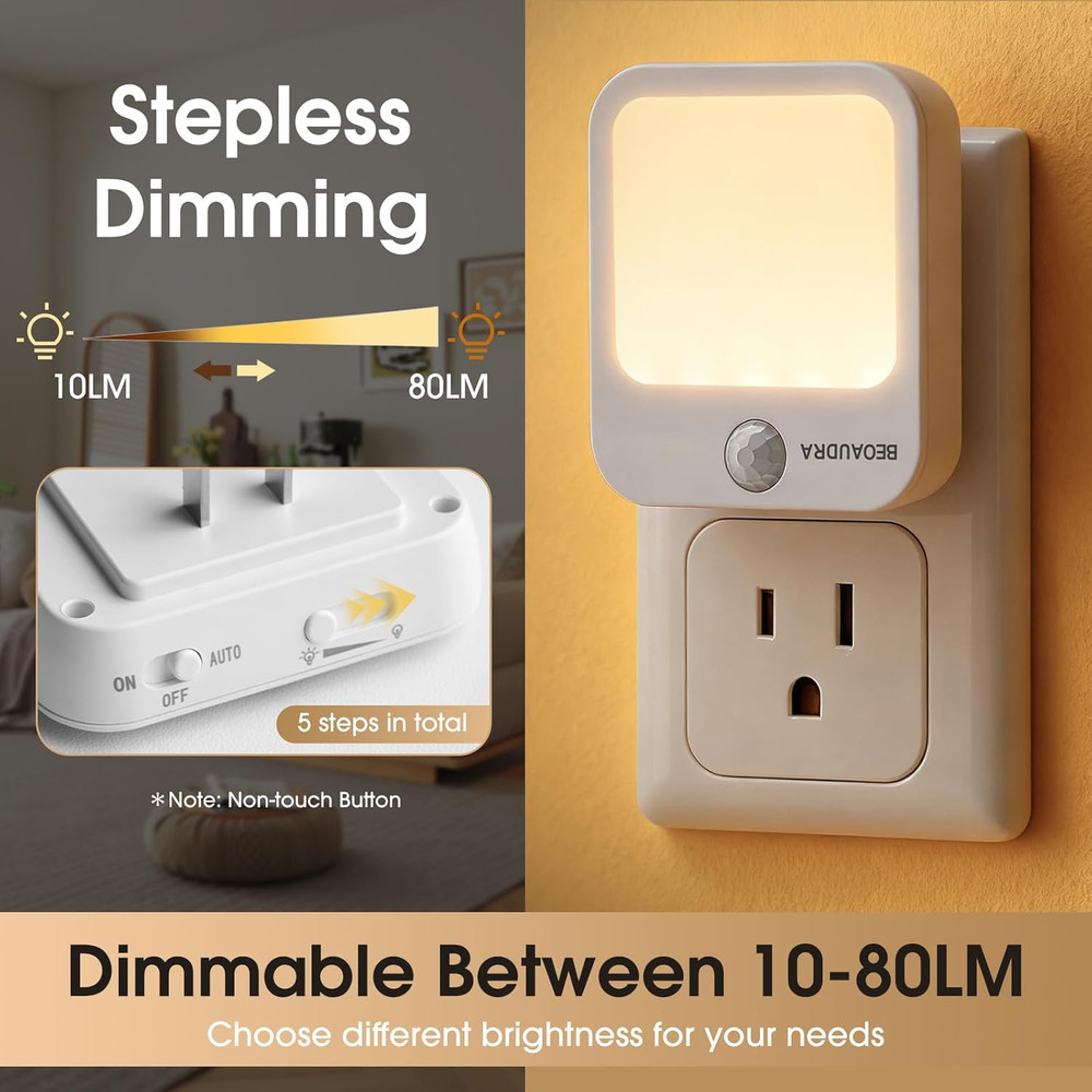 Plug-In Motion Sensor Lights with Adjustable Brightness, Warm White Motion Activ