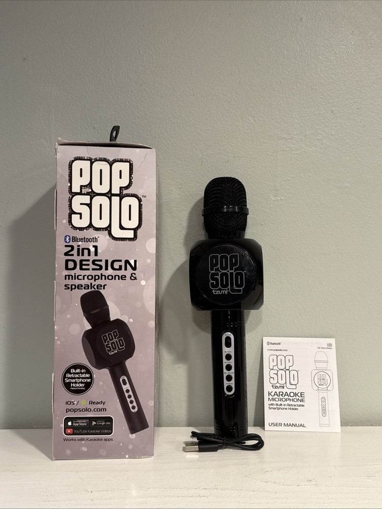 Pop Solo Bluetooth Karaoke Microphone W/ Built In Retractable Phone Holder Black