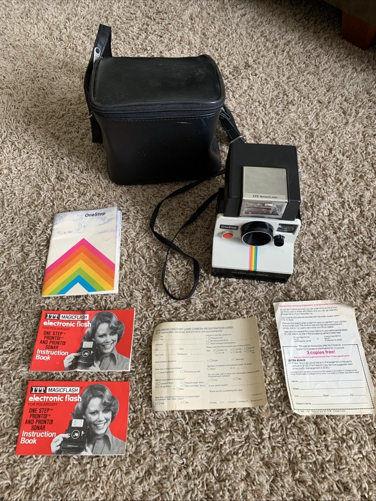 VTG Polaroid Rainbow Stripe One Step Land Instant Camera, ITT Magic Flash & Case