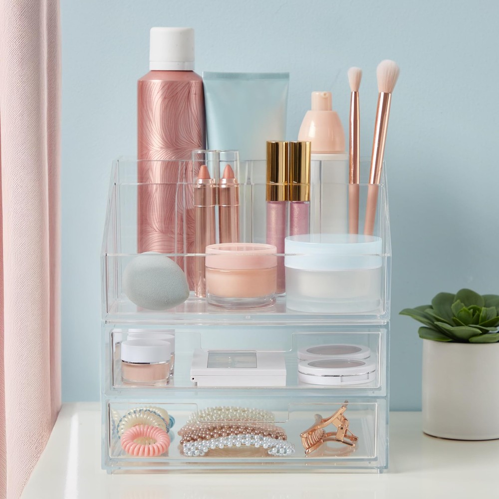 Chloe Stackable Makeup Holder & Drawer Organizer Set, Clear, BPA-Free Plastic...