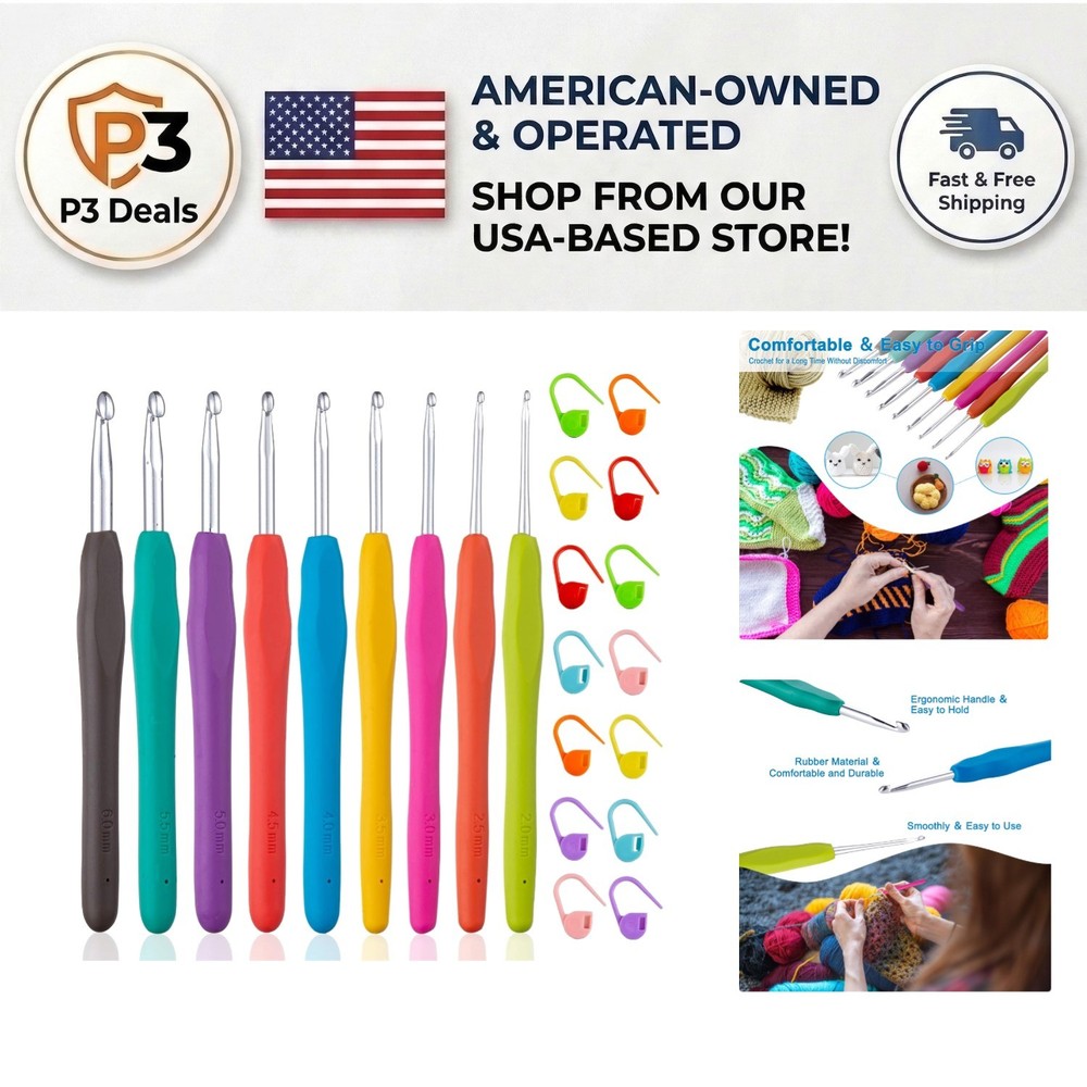 Multi-Size Crochet Hook Set 9 pcs, Ergonomic Design, Colorful & Comfortable!