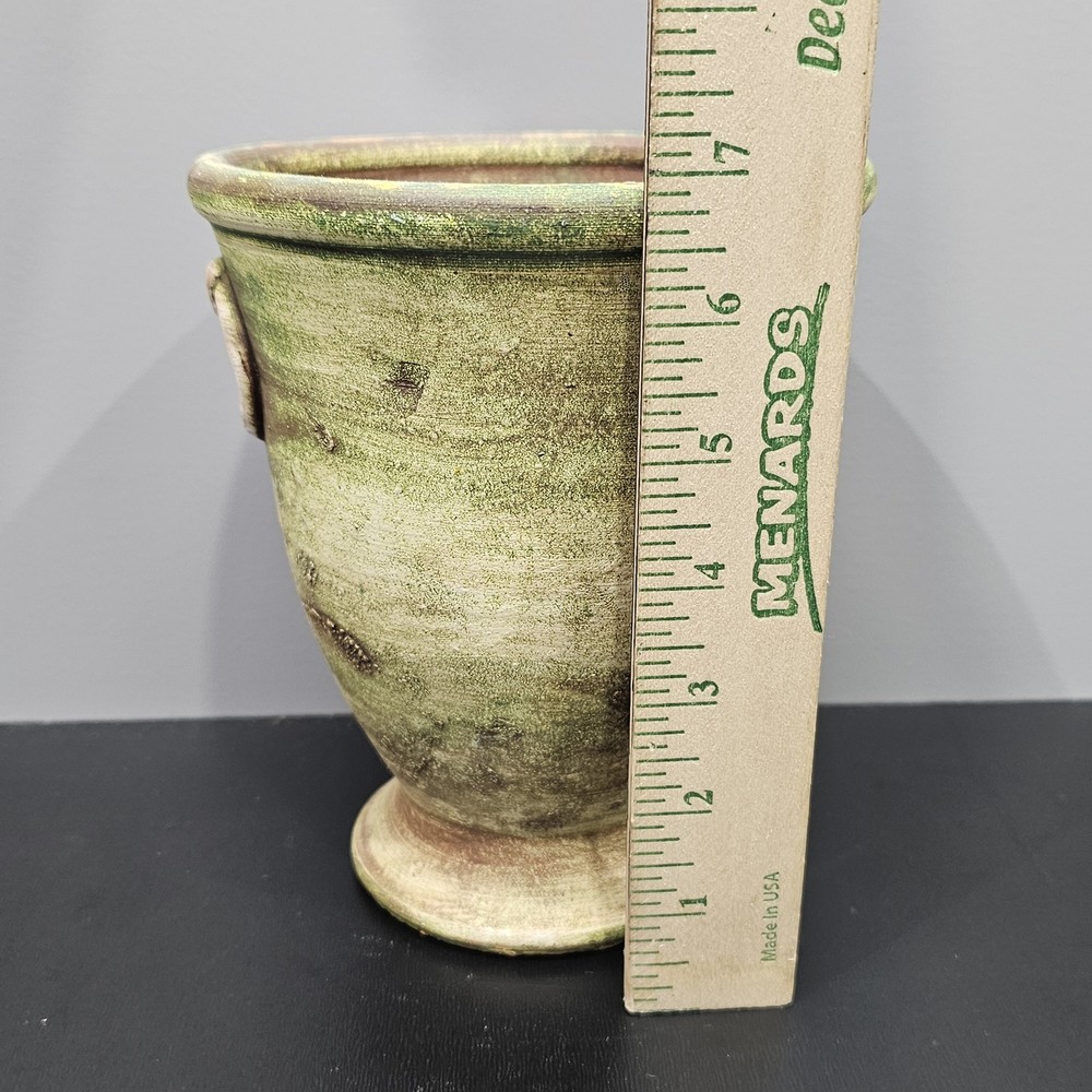 Rustic Green Weathered Footed Planter Pot Molded Handles 7" Tall Indoor