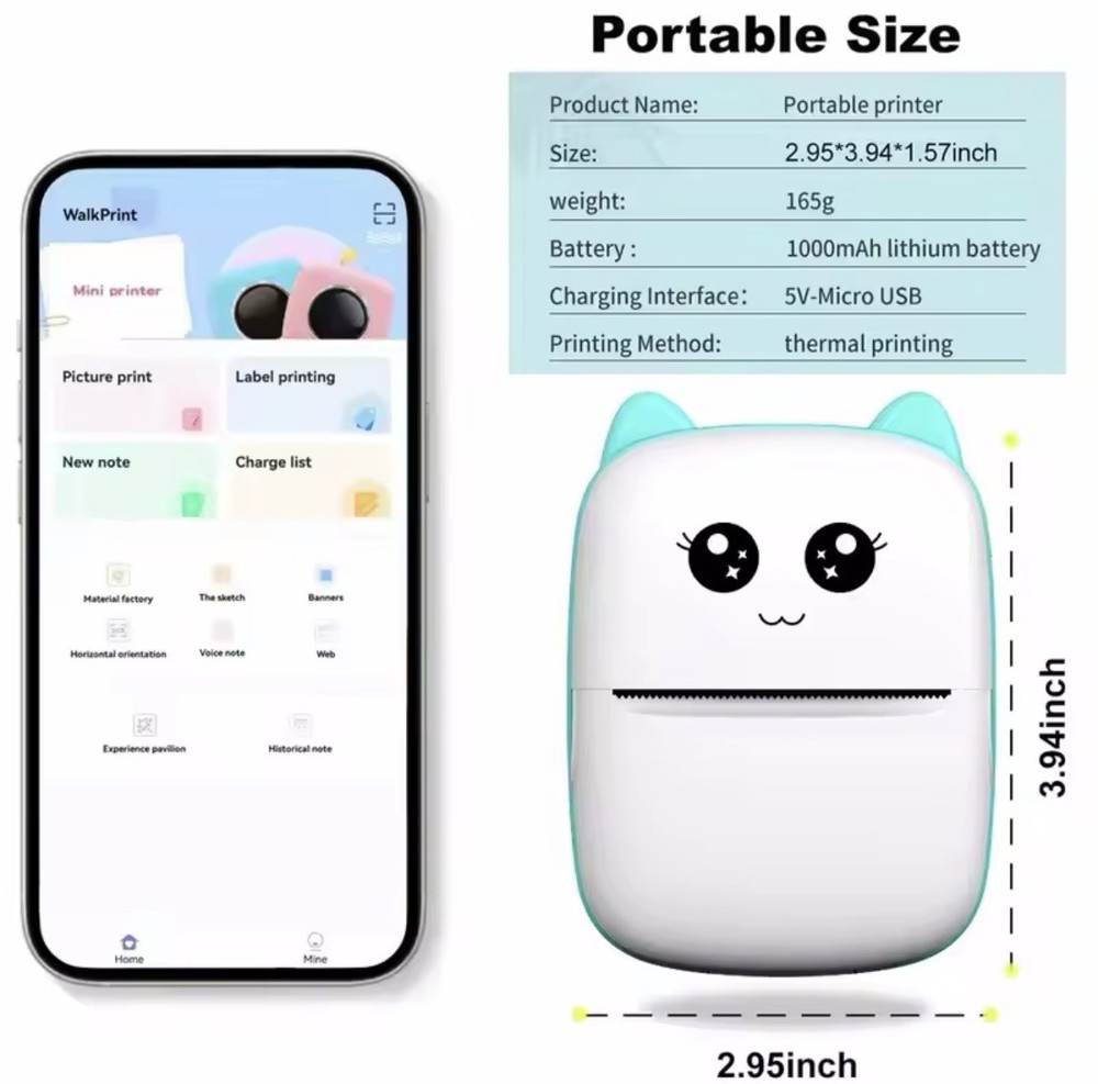 Mini Cat Thermal Printer Bluetooth – Photos, Labels, Notes – iOS/Android