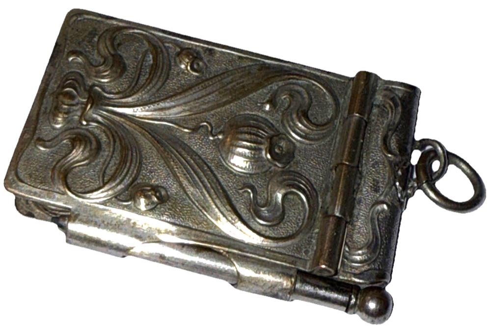 ANTIQUE VICTORIAN SILVER TONE REPOUSSÉ THISTLE CHATELAINE NOTE PAD PENCIL PAPER