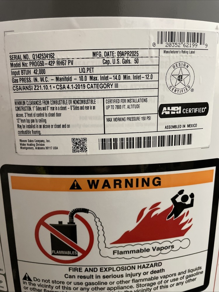 Rheem Natural Gas Power Vent Tall Water Heater 50G 42000BTU XG50T06PV42U0 (READ)