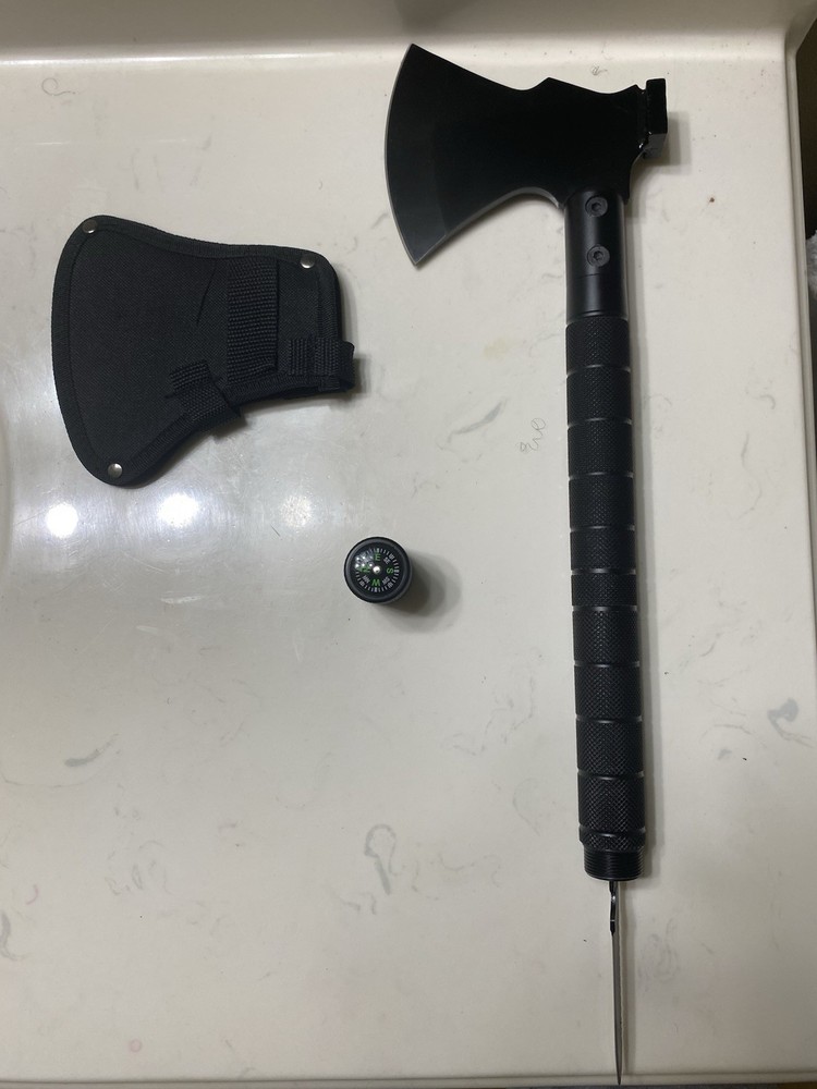 Multipurpose Axe Flint Fire Igniter, Combat Knife, Built In Compass, Whistle￼
