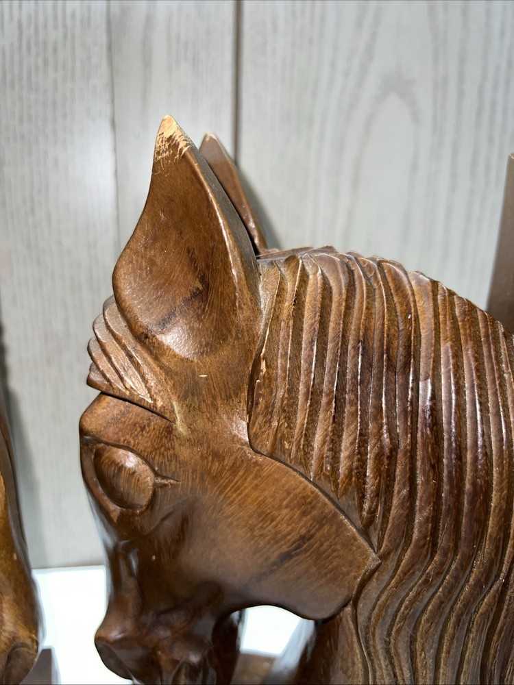 Vintage Pair Monkey Pod Solid Wood Horse Bookends Rustic GUC