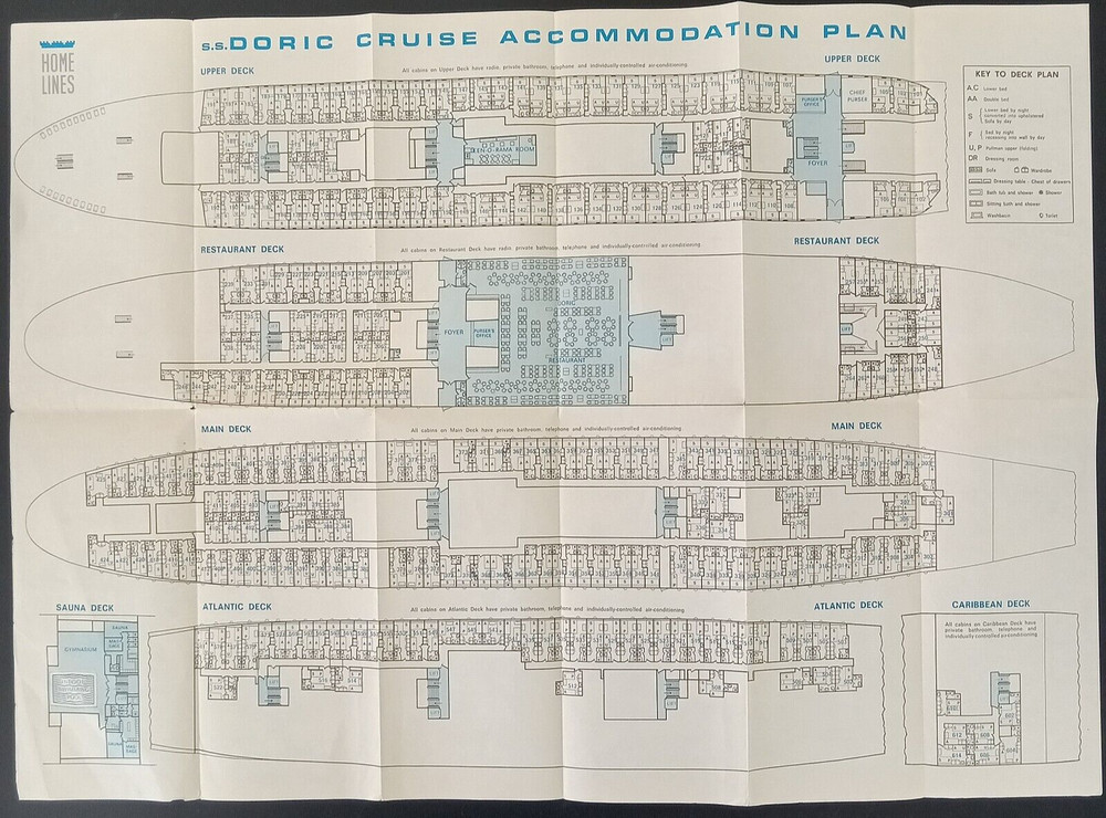 SS DORIC Home Lines Cruise Brochure Fold Out Deck Plan Poster October 1979