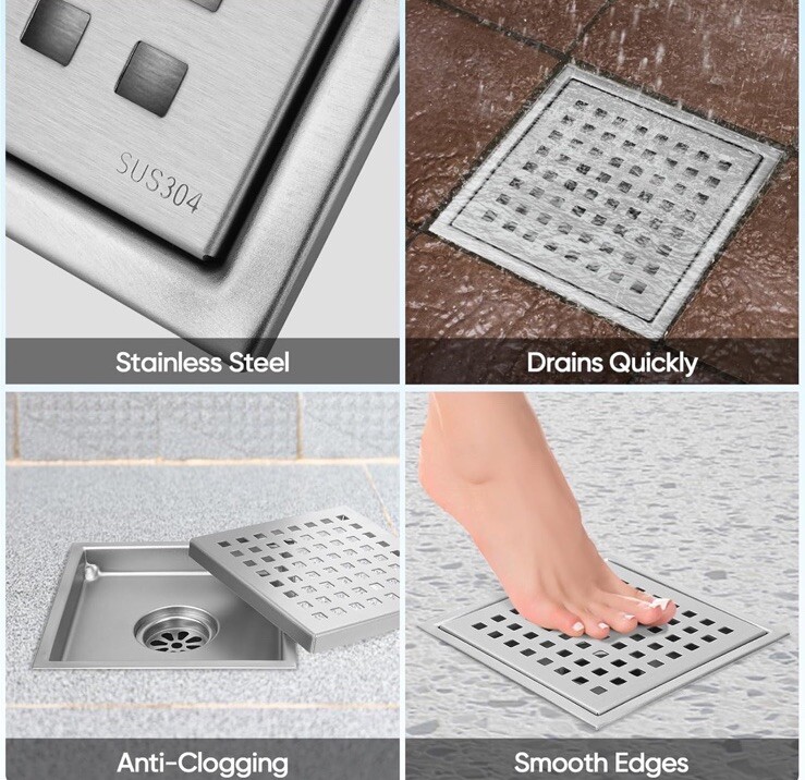 4.33'' Square Floor Shower Drain, Lattice Square Perforated Pattern Brushed Stai