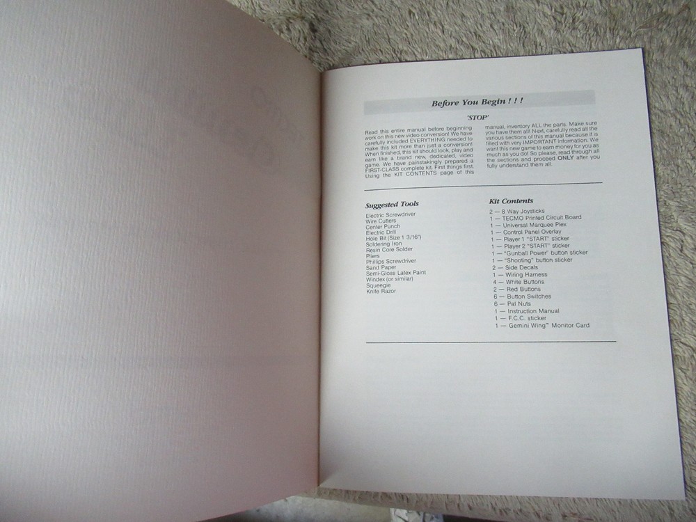 GEMINI WING TECMO original VINTAGE ARCADE video game machine manual