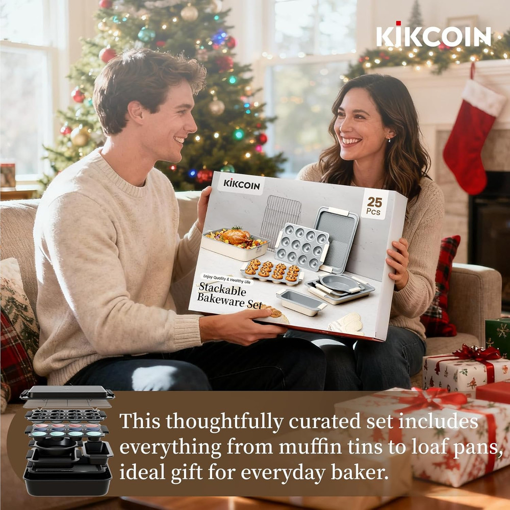 Kikcoin 25 PCS Stackable Baking Pans Set, Non-Stick Bakeware Sets with Silicone
