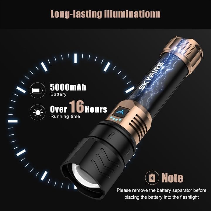 SKYFIRE Rechargeable Flashlight High Lumens, LED Flashlight with Ignition Len...