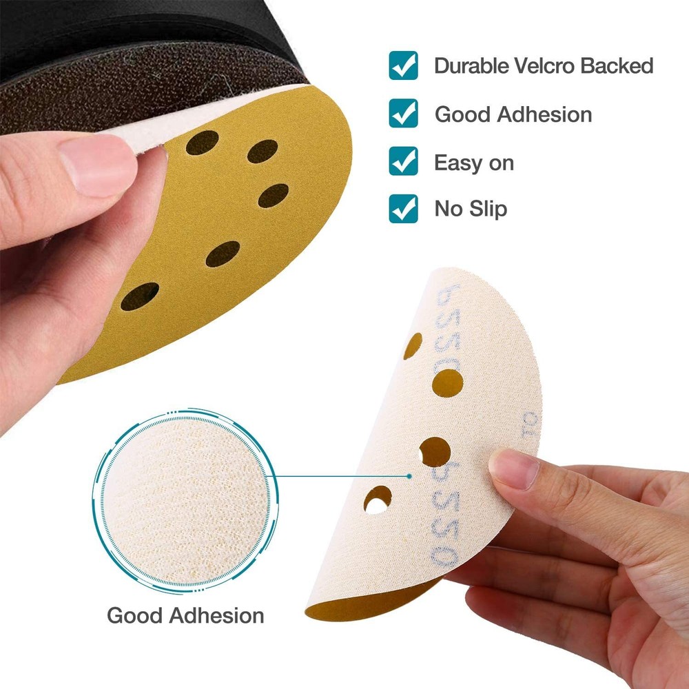 100Pack 8 Hole 125mm 150Grit Gold Sanding Disc Hook Loop Sandpaper for DA Sander