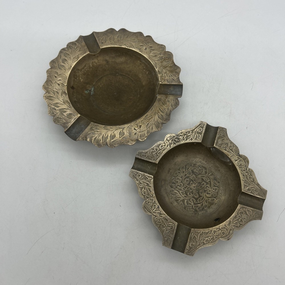 Vintage Solid Brass Etched Ashtrays Floral Mid Century