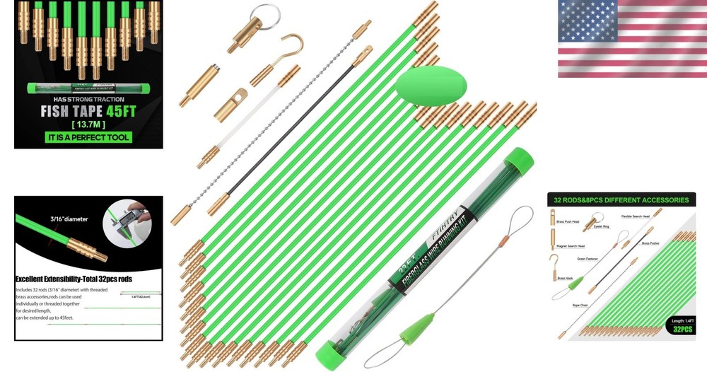 Electrical Wire Cable Fish Rods Kit with 8 Attachments
