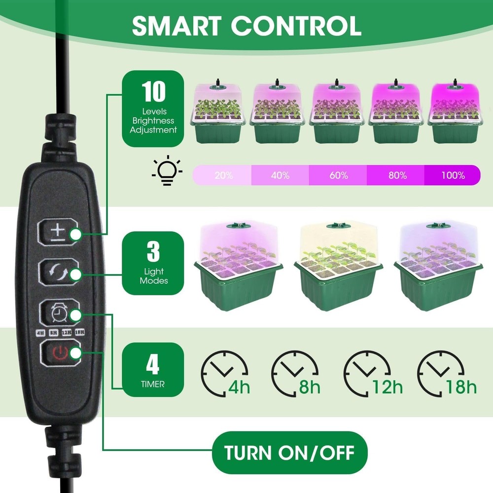 5-Pack Self-Watering Seed Starter Tray with Adjustable Grow Light - 60 Cells