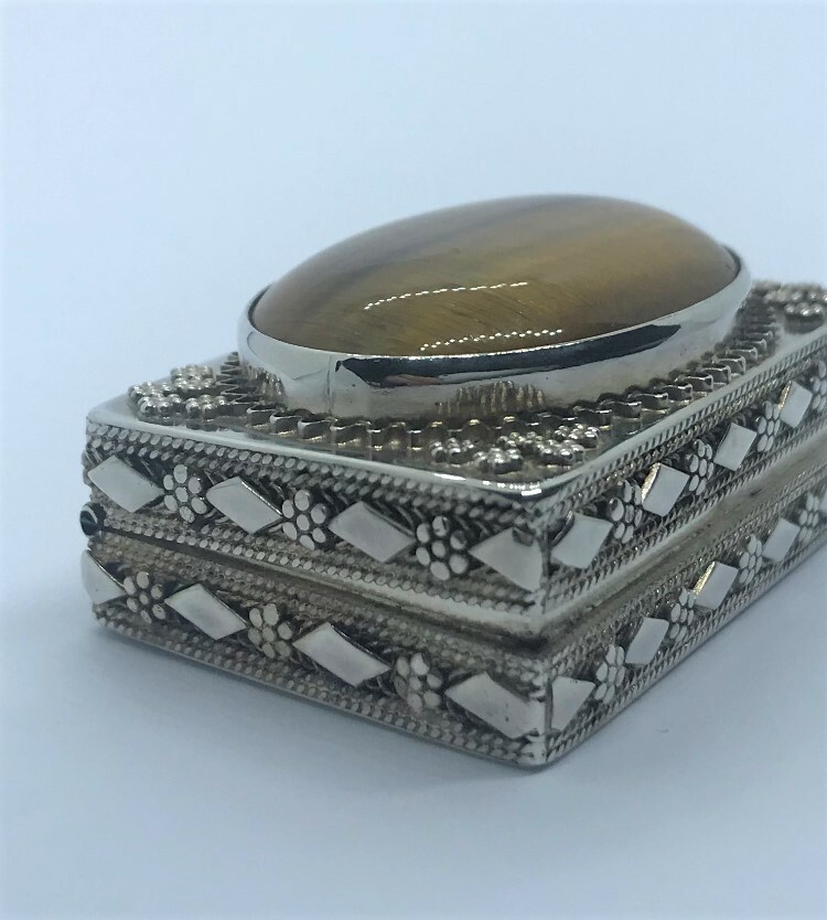 Hallmarked solid silver Tiger eye trinket box