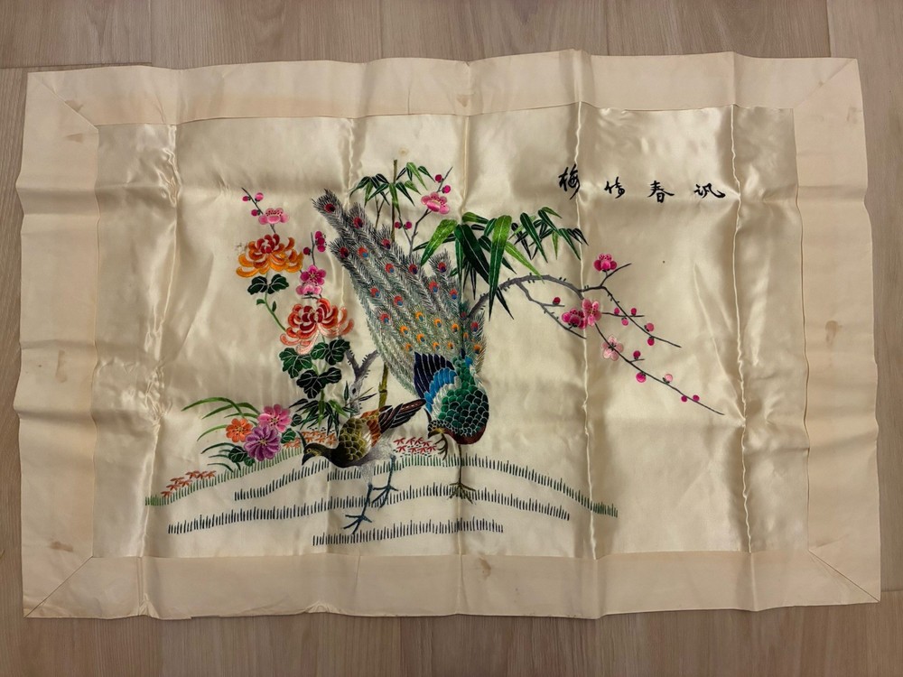 Bird Flower embroidered asian character Panel