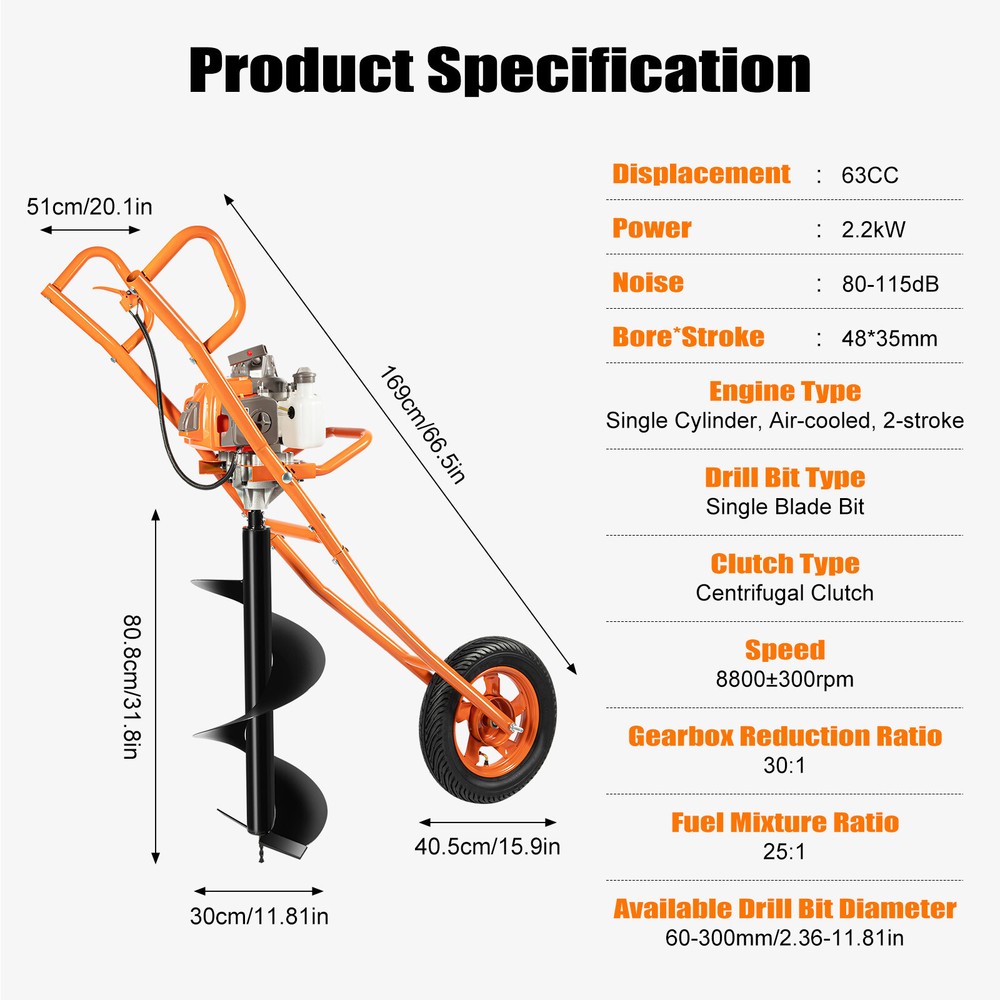 63CC 3HP 2-Stroke Digger Ground Auger Post Hole Drilling Borer Machine & 11" Bit
