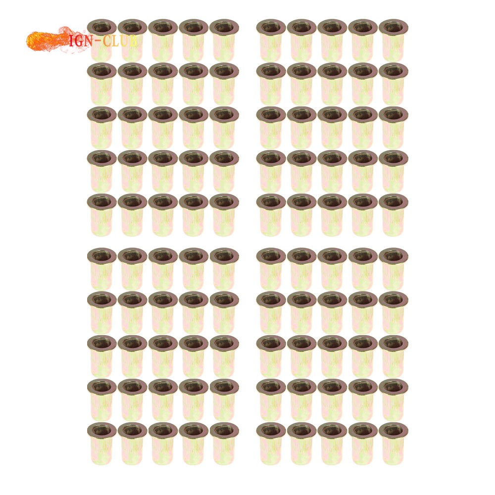 100 × M6 Metric Carbon Steel Rivet Nut Flat Head Threaded Insert Nutsert Flat
