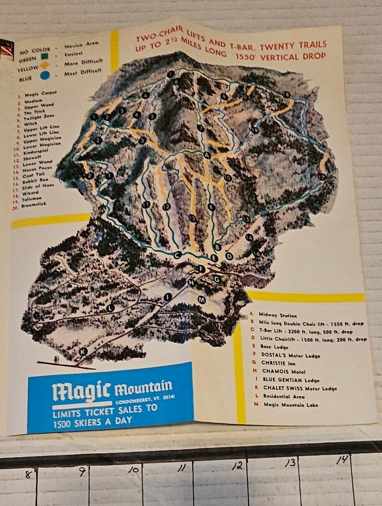 1969/70 MAGIC MT. SKI AREA BROCHURE W/ TRAIL MAP INSIDE. MINT SEE DESCRIPTION