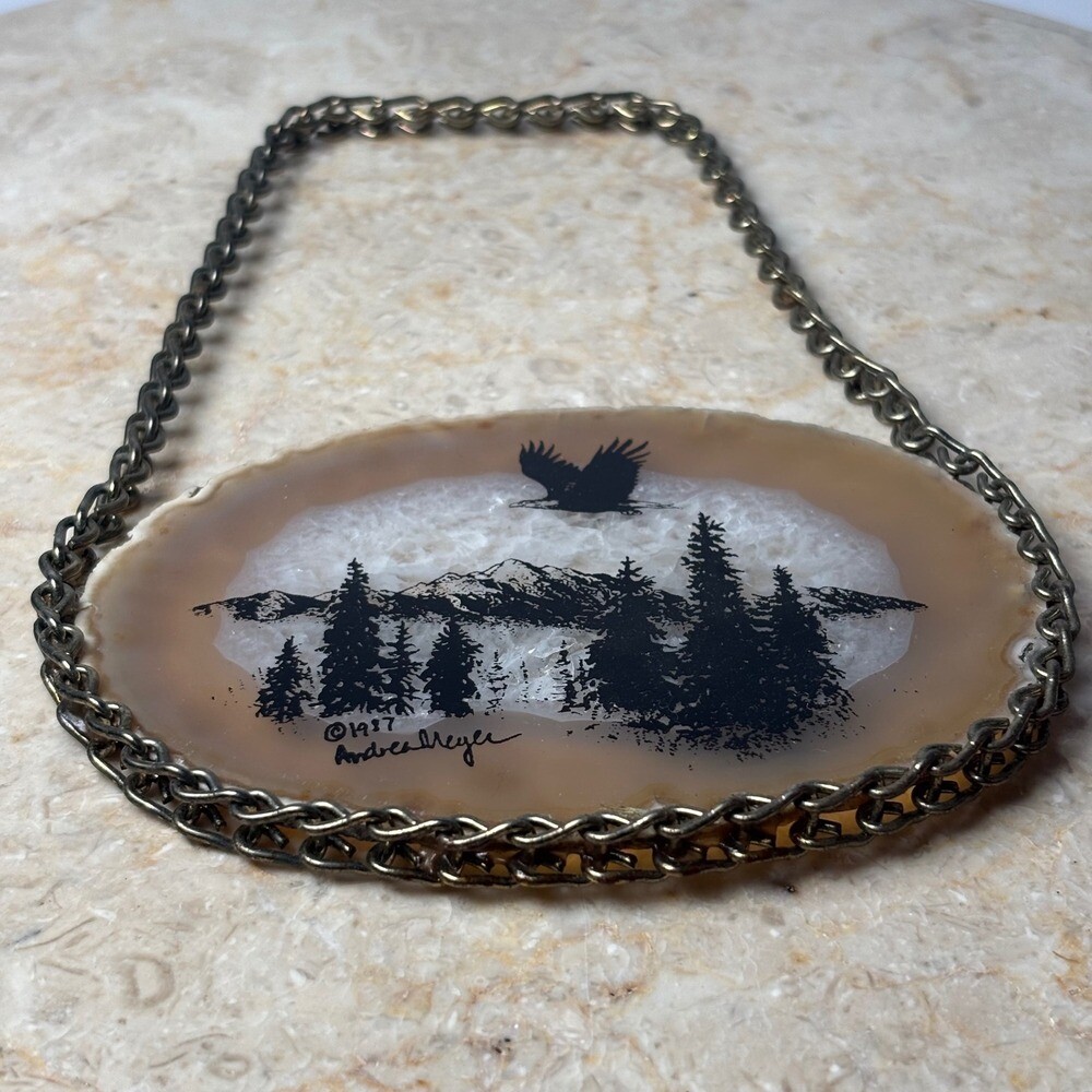 Andrea Meyer 1987 Geode Agate Slice Forest Eagle Scene Rock Art Hanging Painting