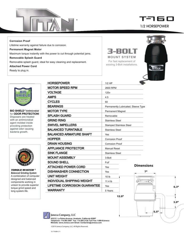 Titan 1/2 HP Mid Duty Kitchen Garbage Disposal with Cord, Stopper, Splash Guard