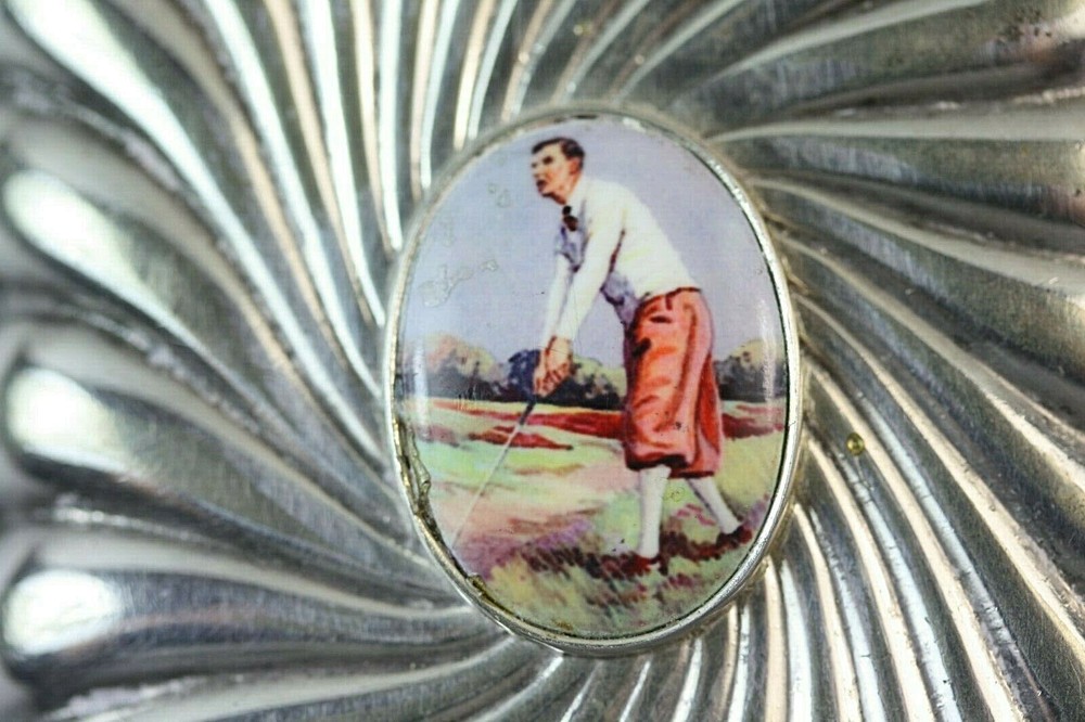 Antique Solid Silver Cigarette Case Golfer Enamel inset