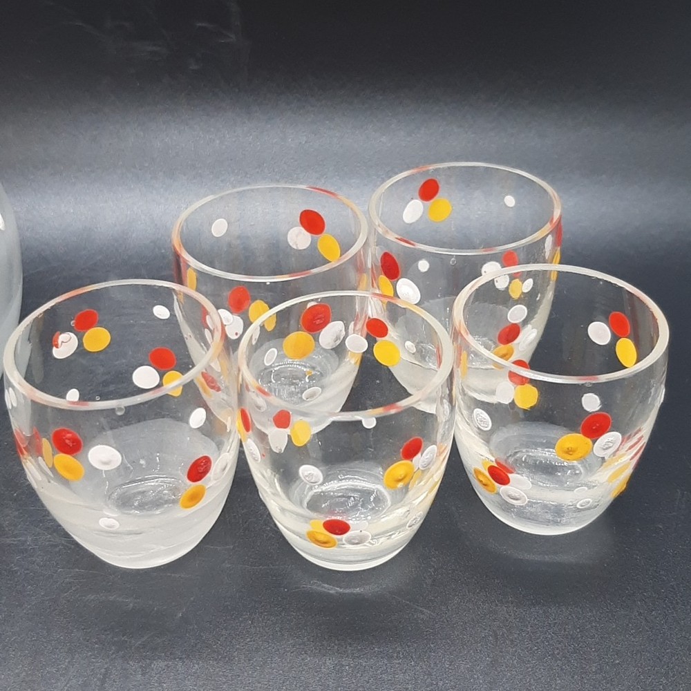 Vintage Handpainted Czech Dot Decanter and Five Small Glasses