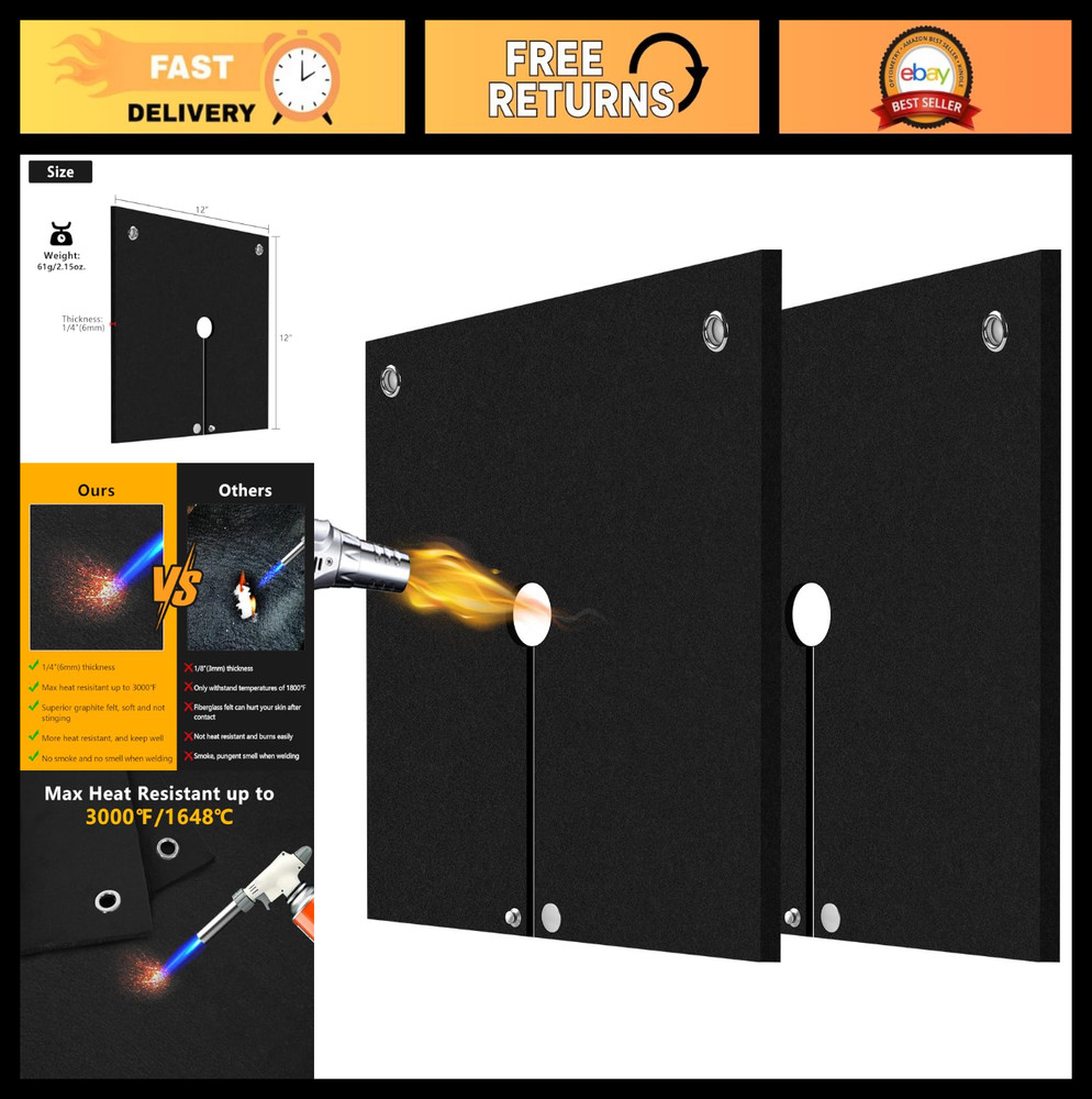 Fireproof Welding Blanket 2 Pack, 1/4" Graphite Carbon Felt, Flame Resistant Mat