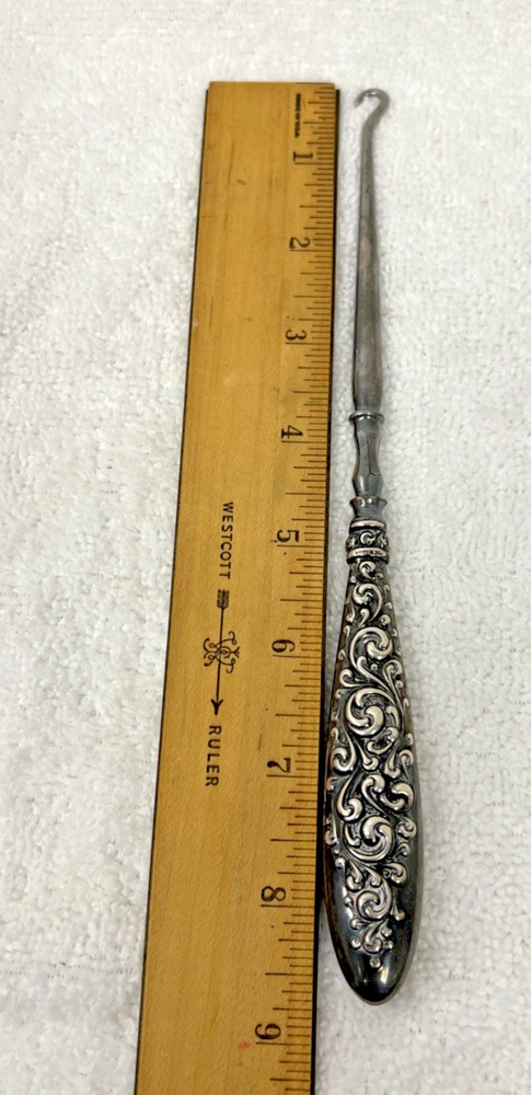 Antique Sterling Silver Button Hook Feathery Scroll Design 8 3/4 Inch