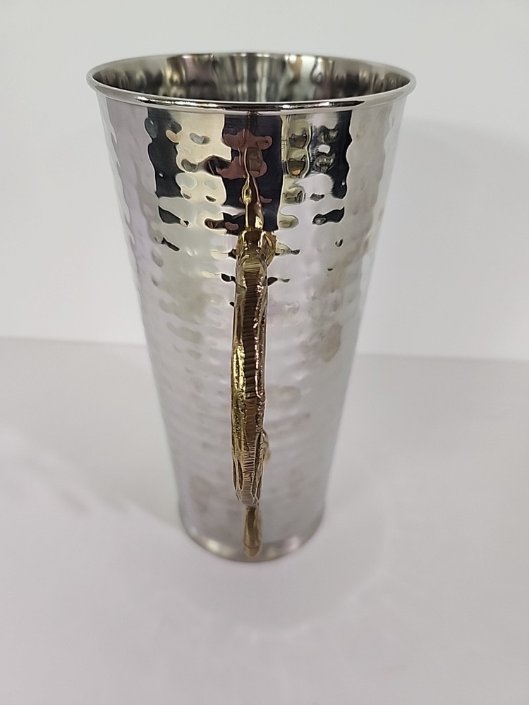 Hammered Stainless Steel Pitcher Brass Twig Leaf Handle - 9.5"H