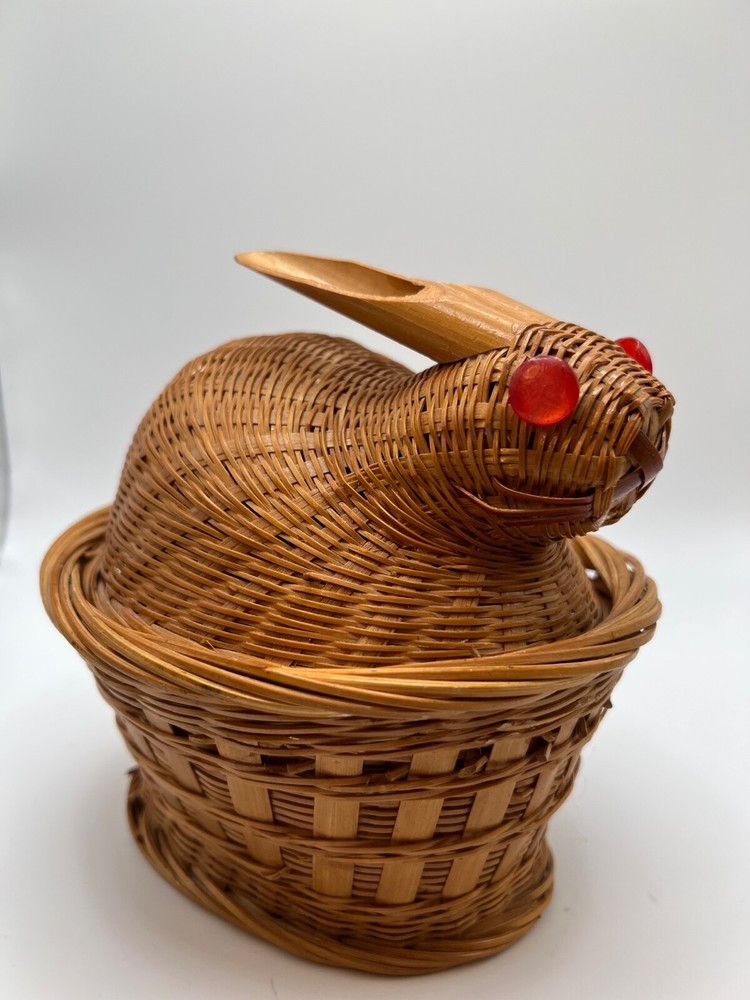 Small Bamboo Bunny Rabbit Basket With Button Eyes