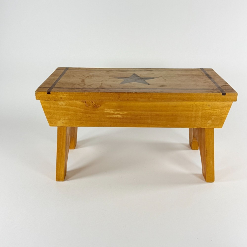 Rustic Wood Stool W/ Black Star Design Rectangular Stool Country Farmhouse Decor