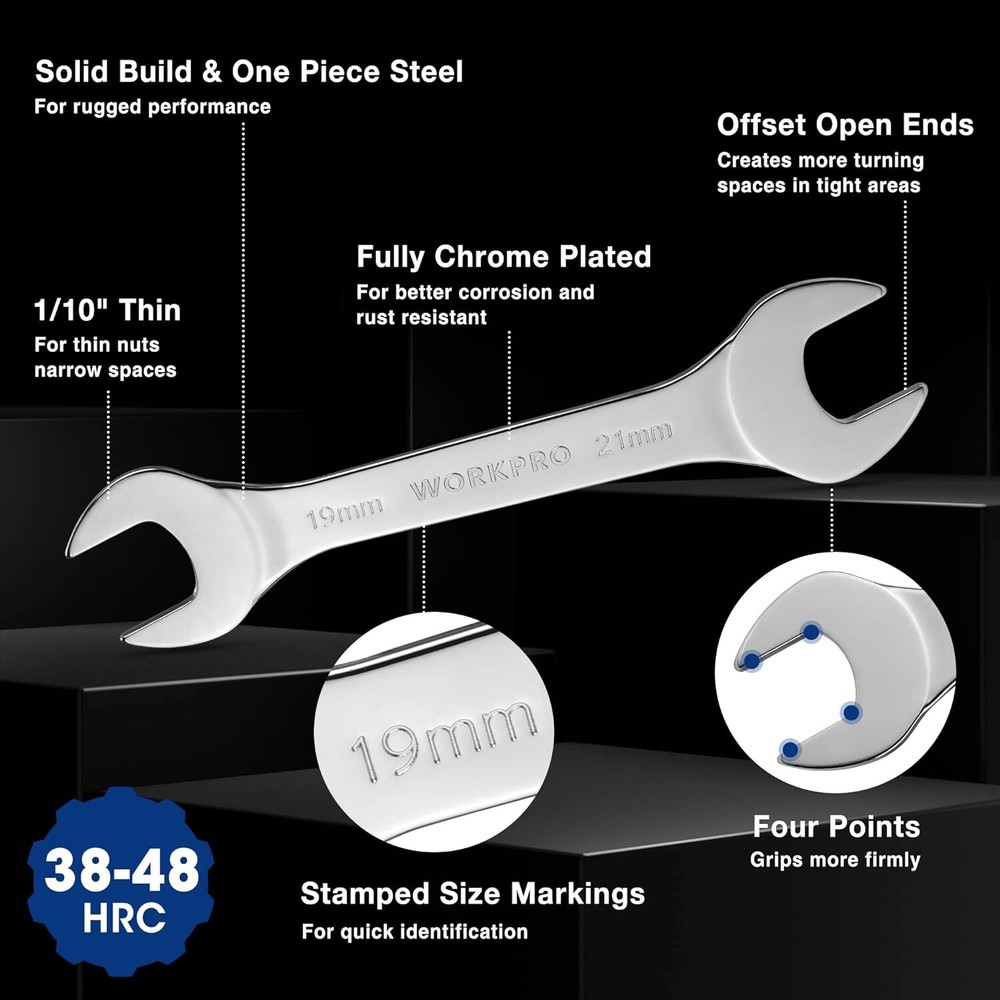 WORKPRO 7PCS Super-Thin Open End Wrench Set SAE/Metric w/Roll-up Organizer Pouch