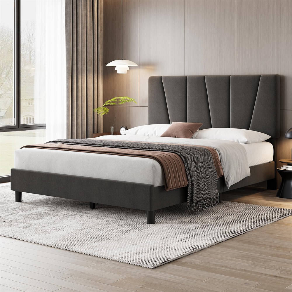Full Size Bed Frame with Adjustable Headboard Linen Upholstered Platform Bedfram