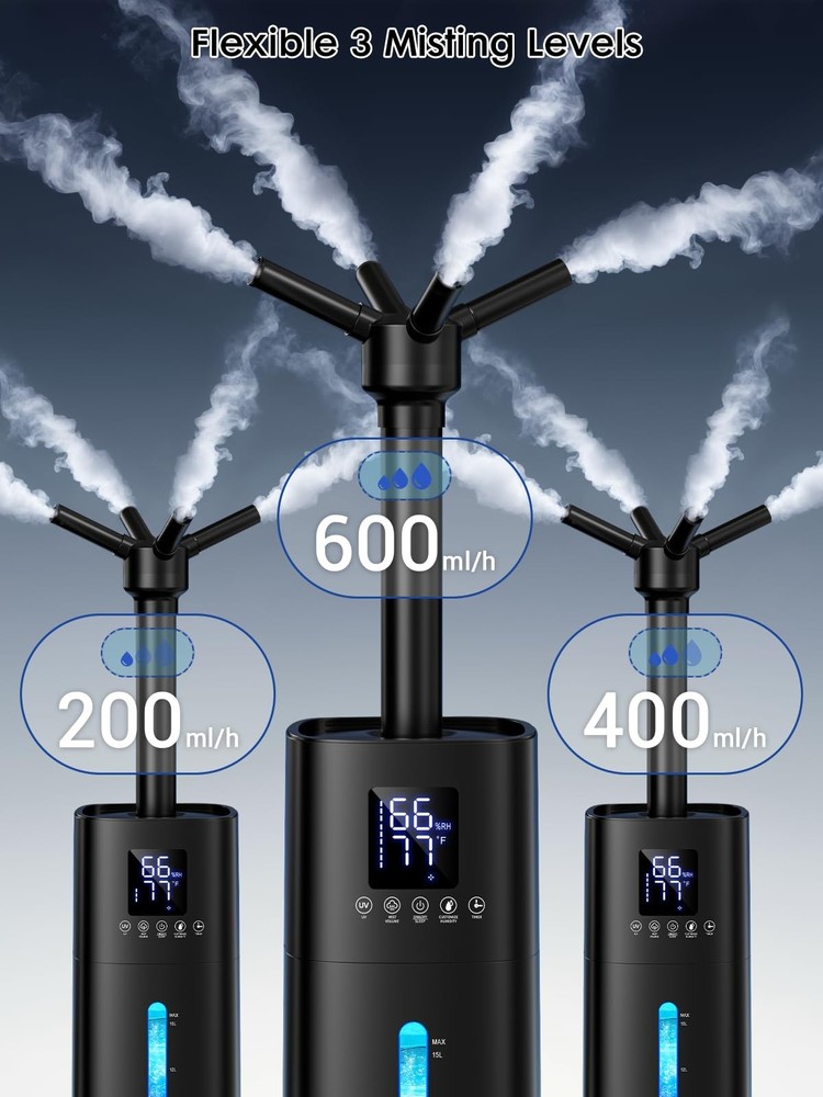 15L Humidifier for Large Rooms, 600mL/h Mist, 1200ft² Coverage, Auto Control