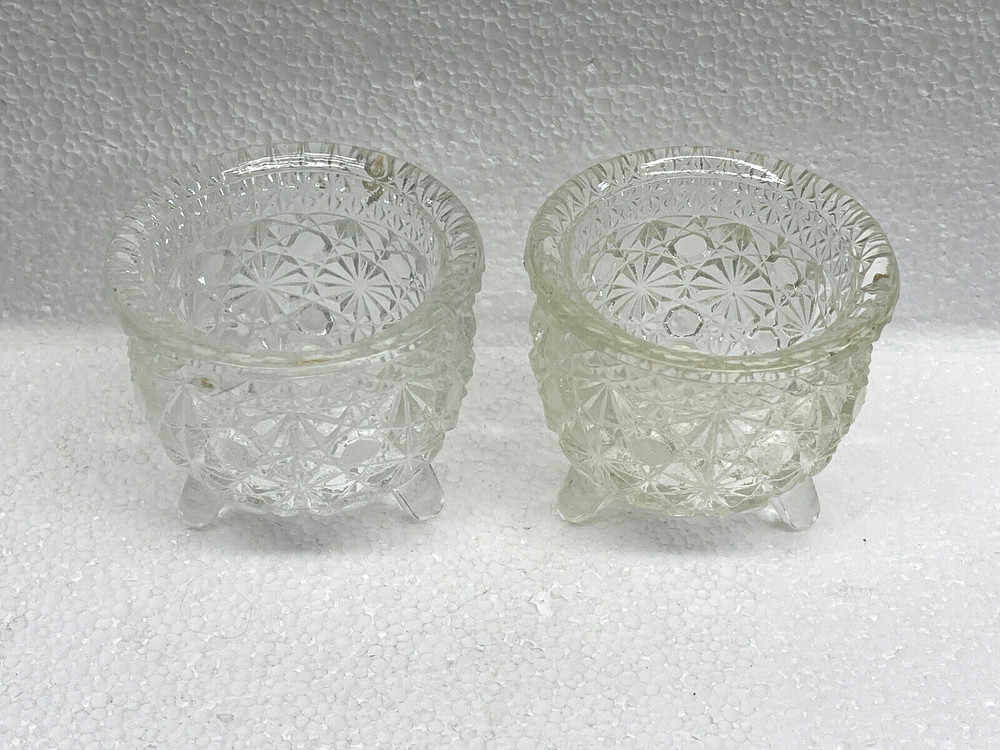 Vintage Pair 3 Footed Clear Pressed Crystal Candle Holders
