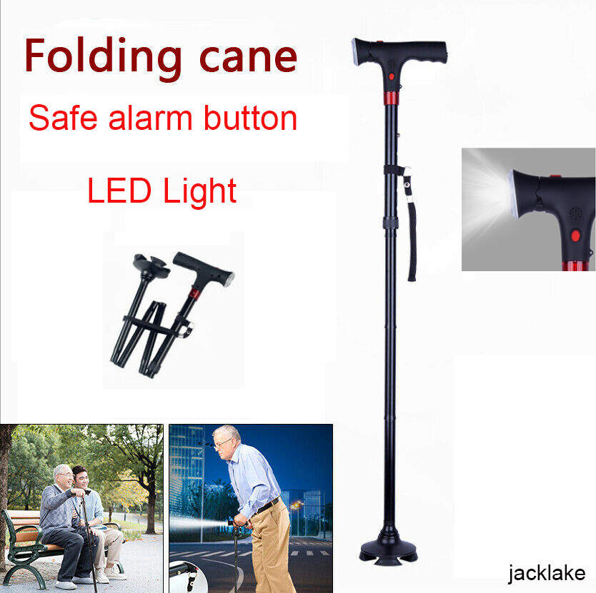 Adjustable Walking Stick Cane Folding Handle Metal With LED Light &Alarm button