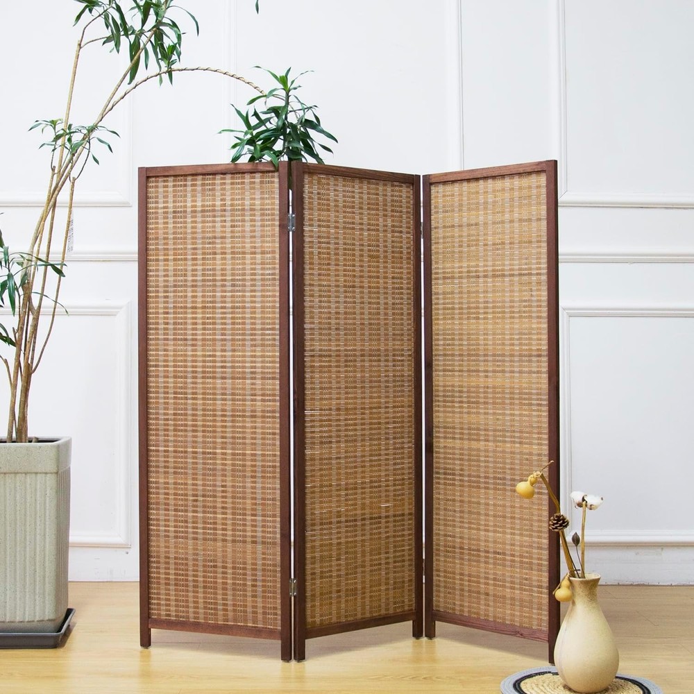 3 Panel Bamboo Room Divider Folding Screen Double Sided Privacy Screen Brown