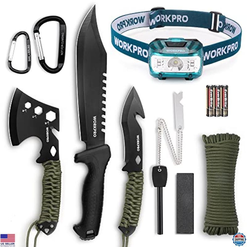 WORKPRO Camping Tool Set: Hatchet, Machete, Fixed Blade Knives, Headlamp & Flint