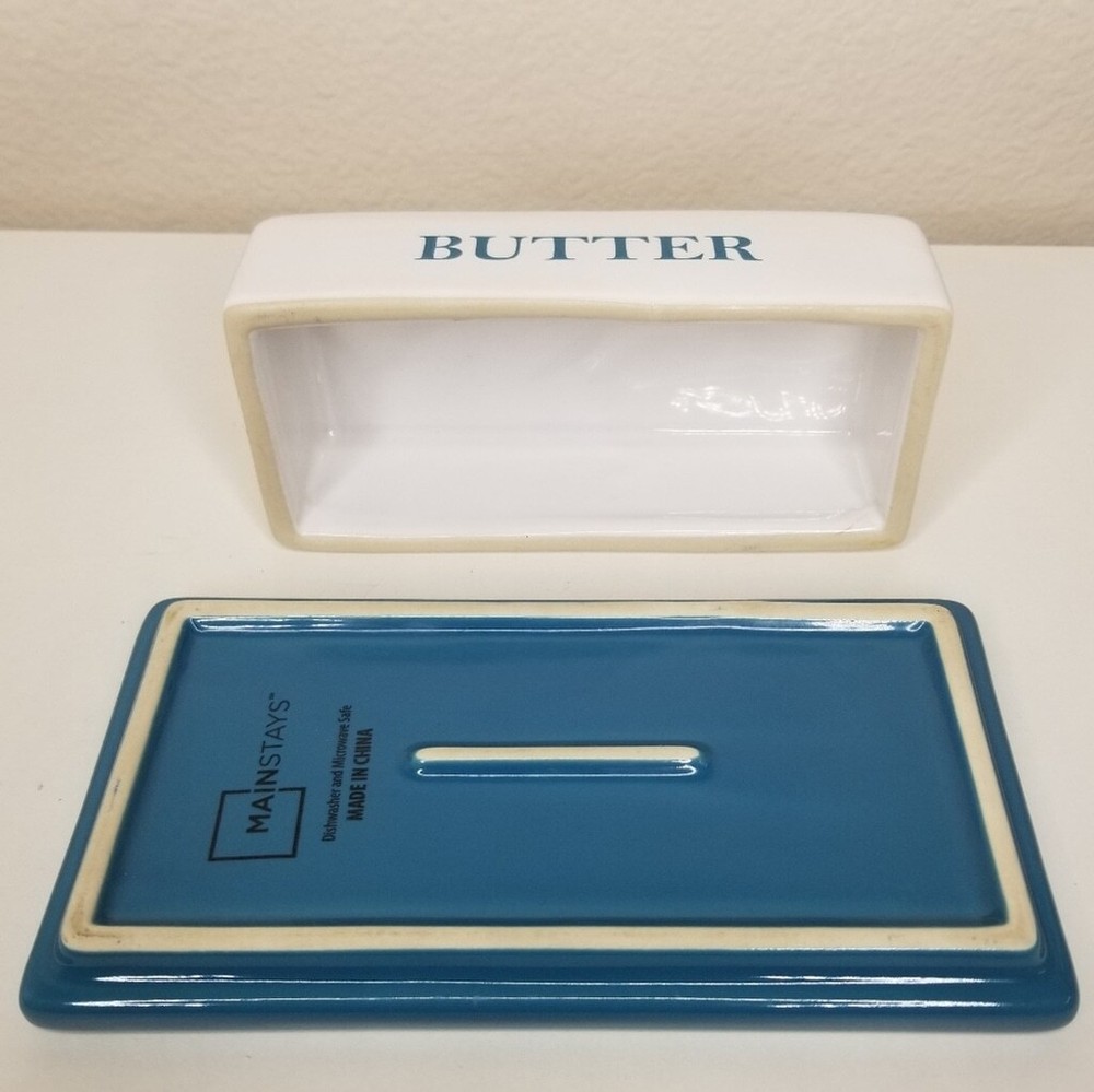 Stoneware Butter Dish Covered Butter Keeper Teal Blue White
