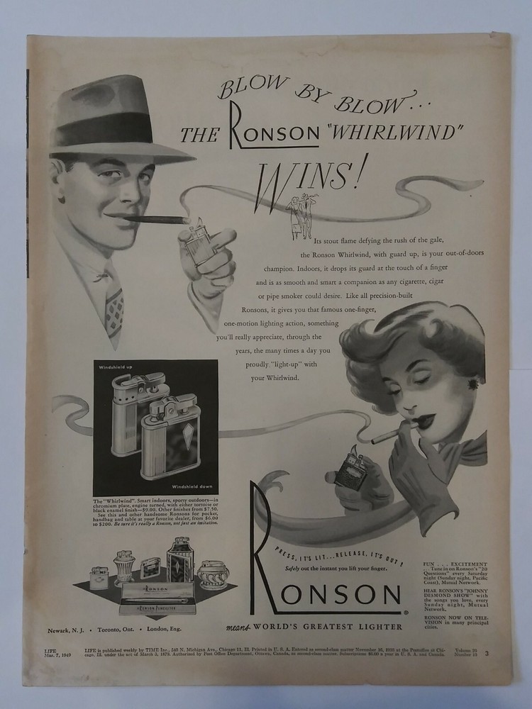 Ronson Lighter print ad.  Original ad from 1949.