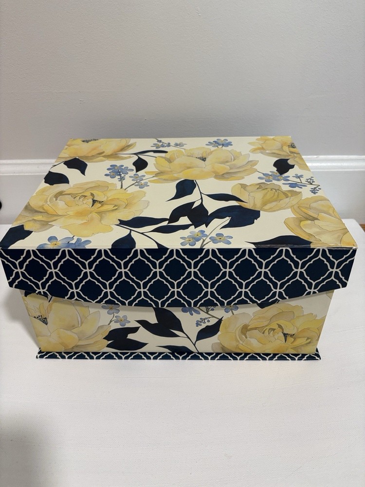 Decorative Floral Storage Box - Yellow & Navy