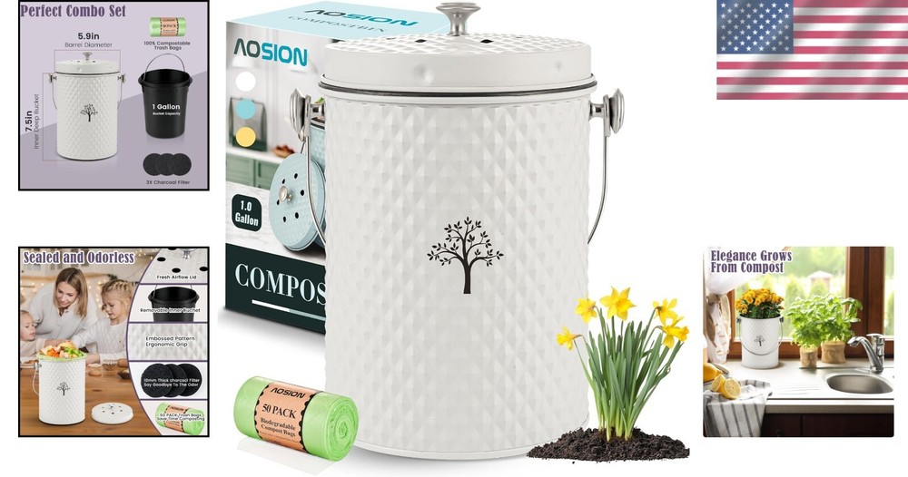 Elegant Odorless Countertop Compost Bin - 1 Gallon Eco-Friendly Kitchen Solution