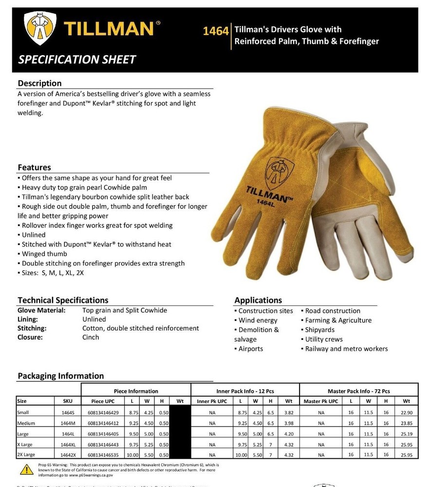12- Tillman 1464 Grain Cowhide Split Palm Leather Drivers Protective Work Gloves