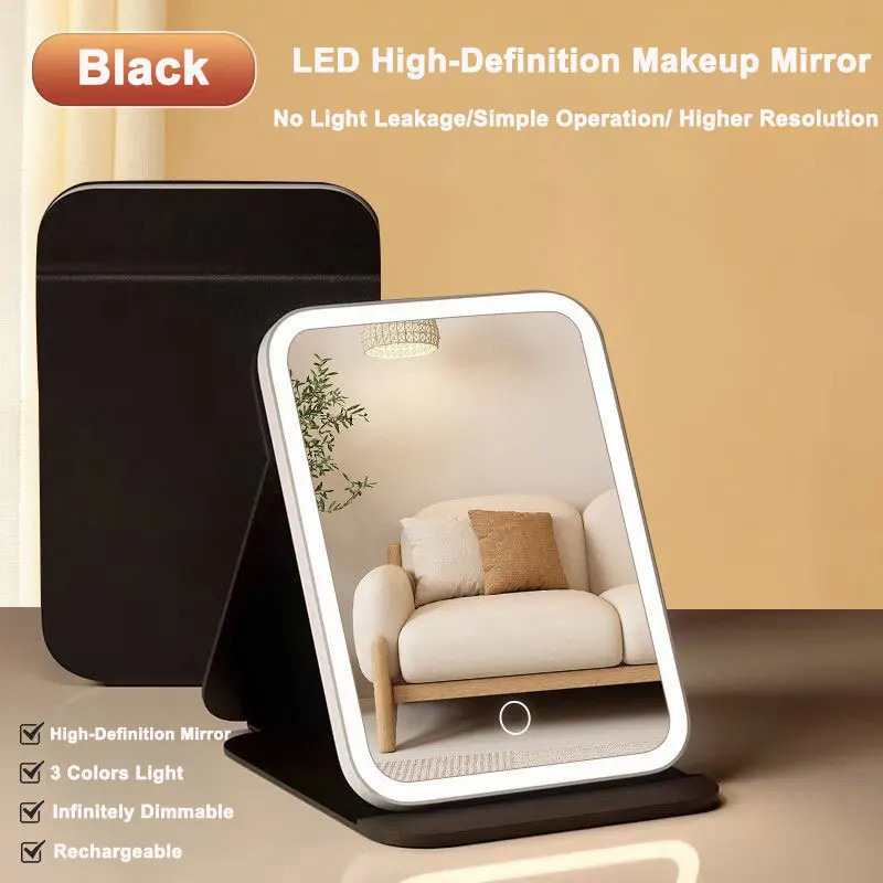 3 Colors LED Vanity Mirror with Leather Touch Screen USB Rechargeable 3 Brightn