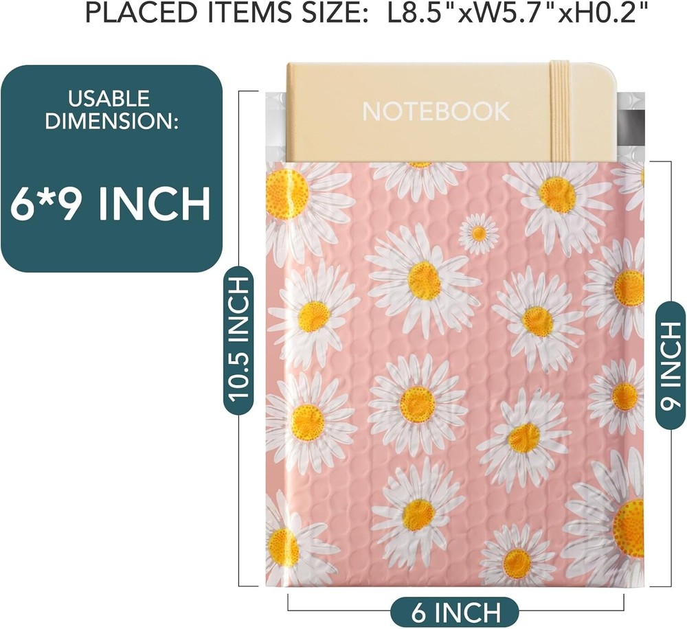 Jiaro Pack Cute Daisy Bubble Mailer Flower Padded Envelope Mailing 6x10" 100Pcs