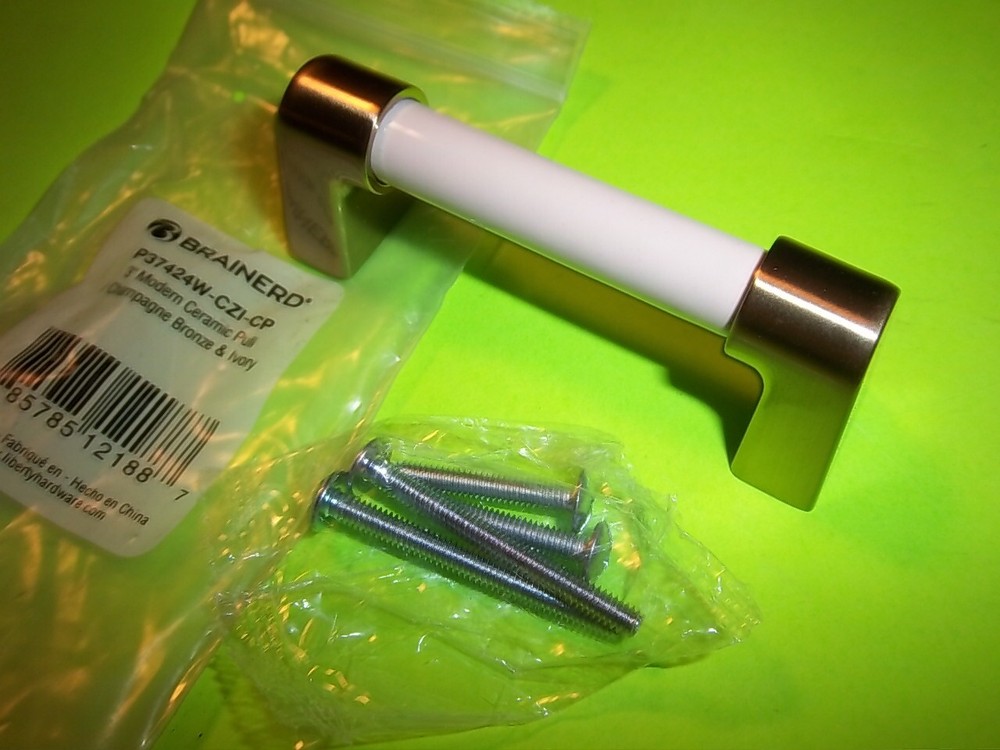 new brainerd 3" Ivory Ceramic/Champagne ceramic pull handle p37424w-c21-cp C3