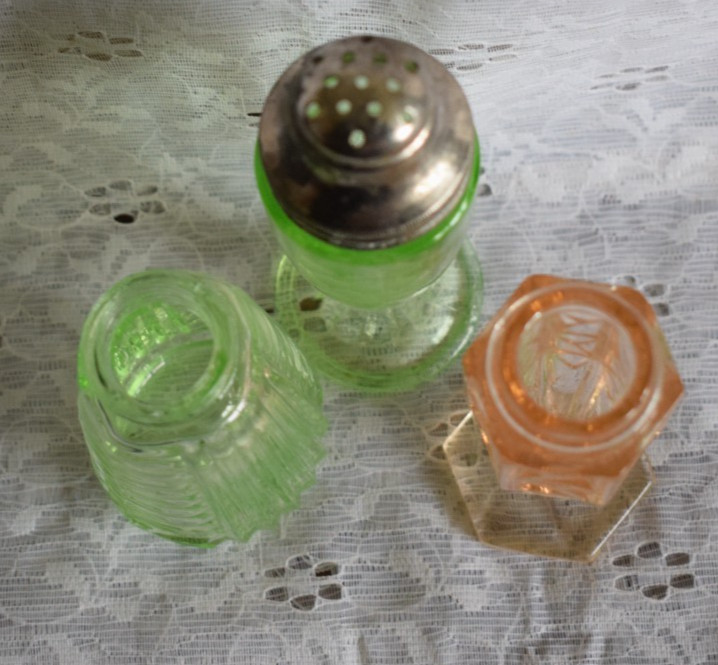 3 Depression Era Uranium Glass Salt Pepper Shakers *Glows*